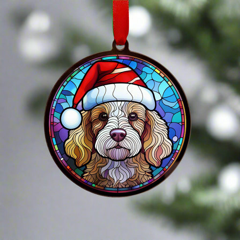 Cockapoo in Santa Hat Suncatcher Decoration